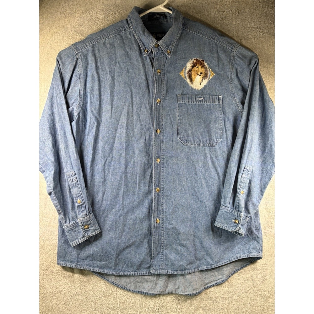 Vintage Luna Pier Denim Shirt Embroidered Collie Dog Portrait Size L Button Up